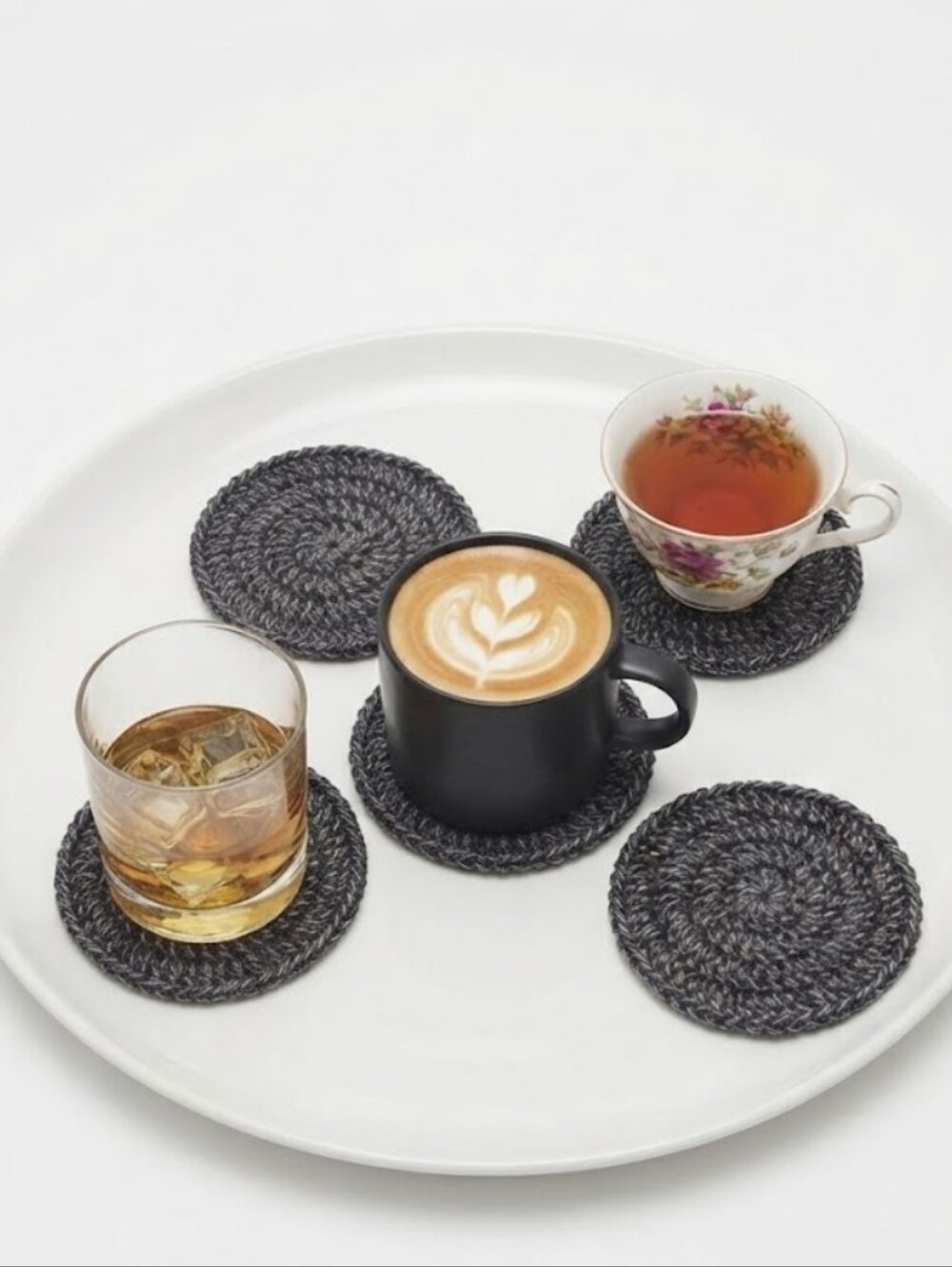 Handmade Crochet Mug Rugs Set of 5 Gray Black Speckled Coasters Table Decor Art